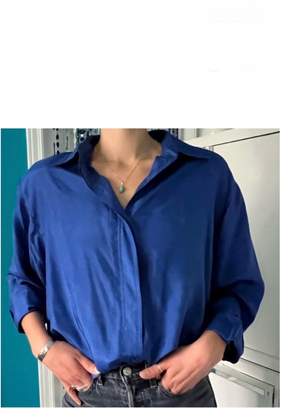 Vintage electric blue silk button-up shirt / 80s minimalist/ Workwear to Evening